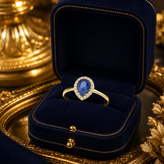 Pear Shape Blue Sapphire Halo Ring in 9ct Yellow Gold