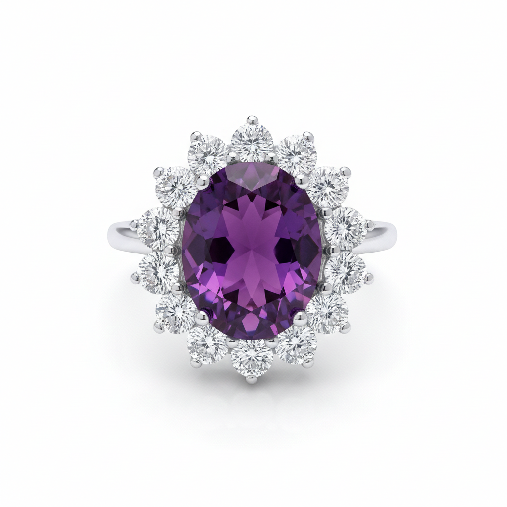 Sterling Silver Large Amethyst Ring Cluster Engagement 925 Hallmark Size K-S