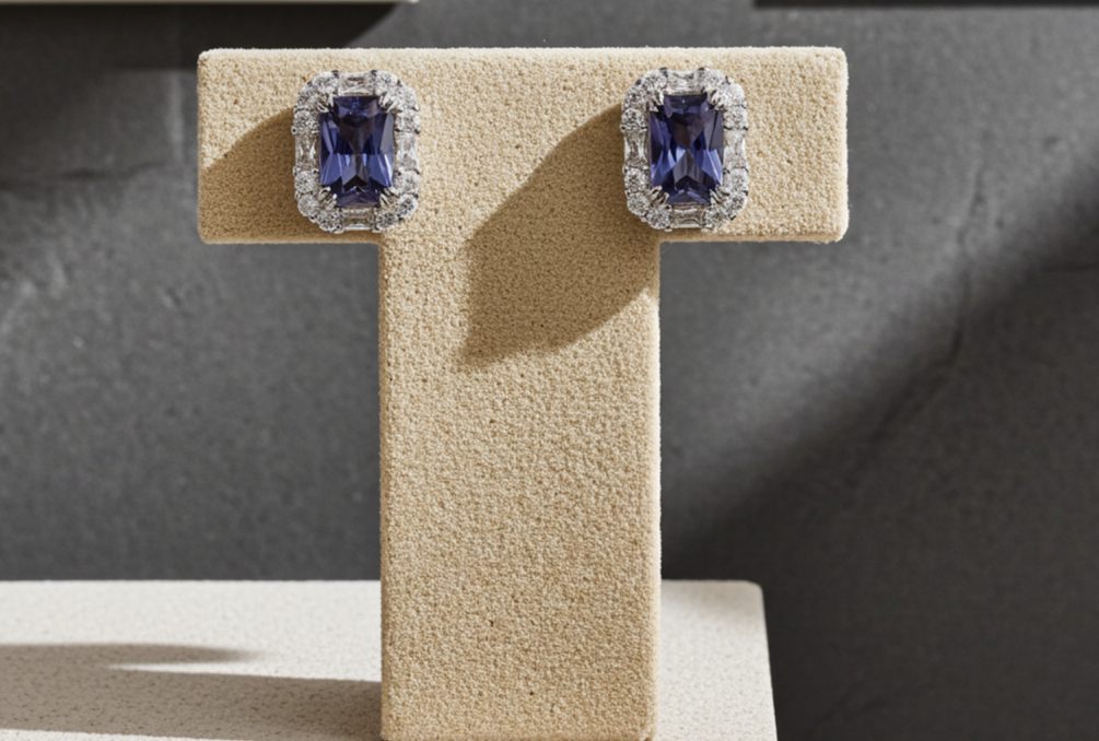 Tanzanite Cluster Earrings Solid Sterling Silver 925 Hallmark Rhodium Finish