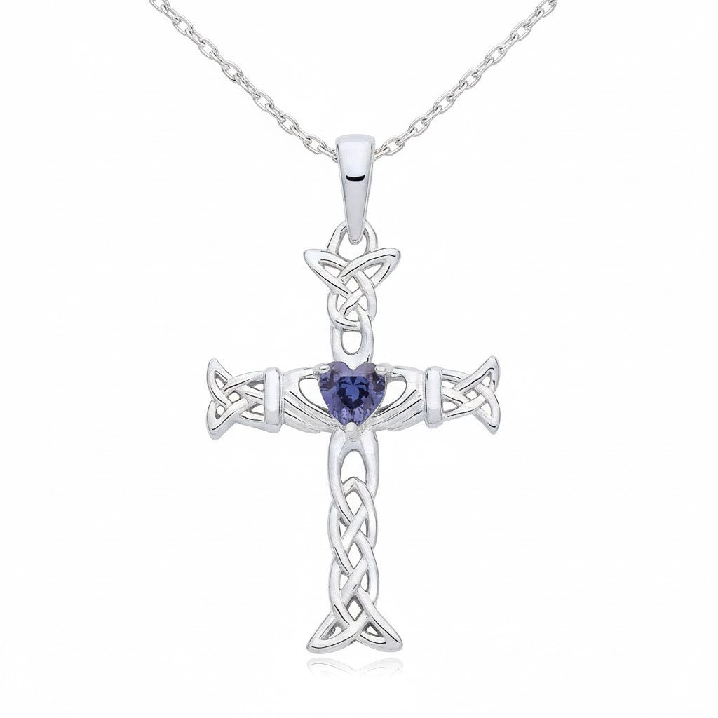 Tanzanite Claddagh Celtic Cross Pendant Solid Sterling Silver 18" Chain 925