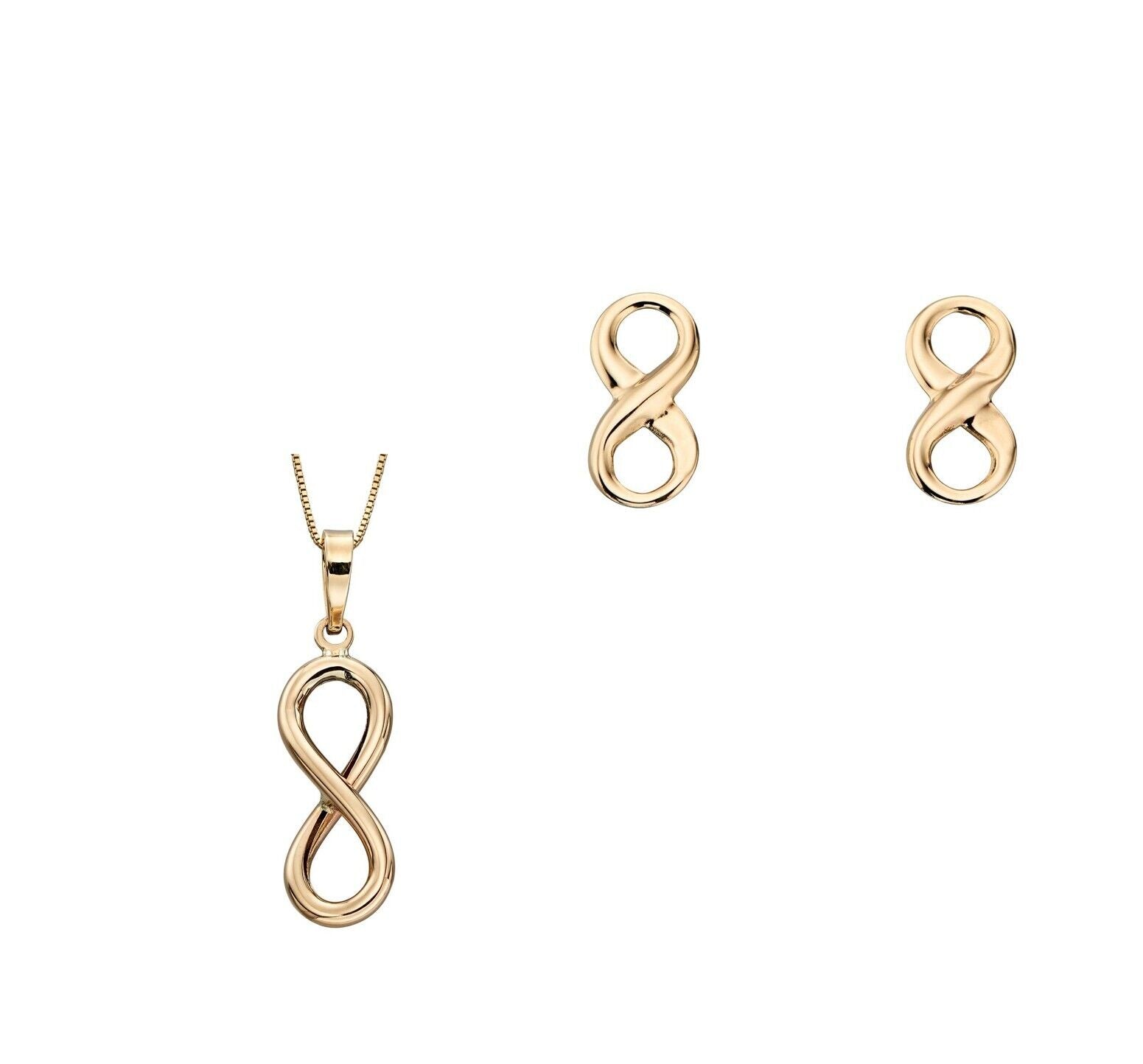 Infinity Pendant and Earrings Set 9ct Yellow Gold 16, 18 or 20" Chain Hallmarked