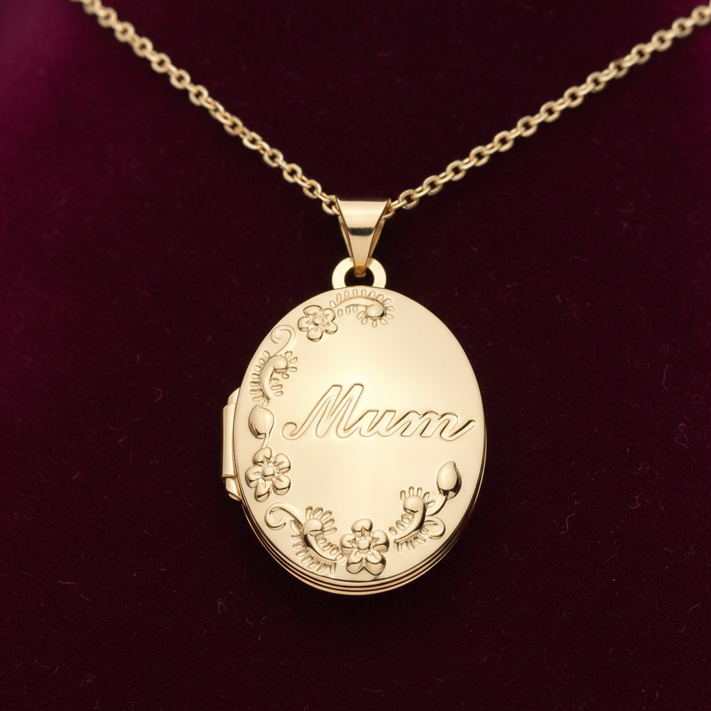 18ct Gold Mum Oval Locket Flower Design on Solid 925 Sterling Silver 18" Chain
