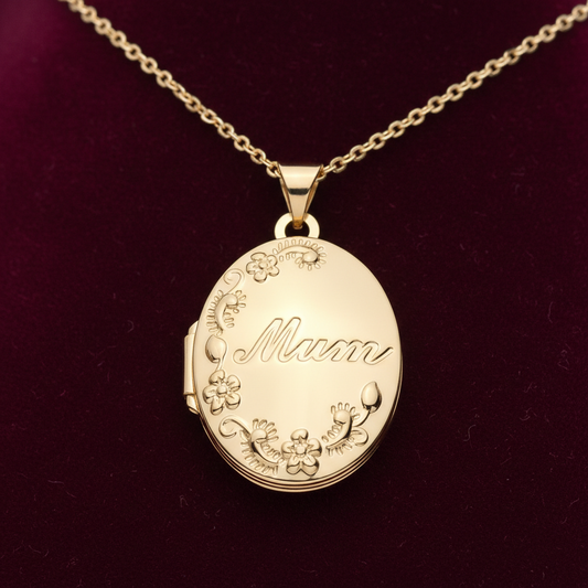 18ct Gold Mum Oval Locket Flower Design on Solid 925 Sterling Silver 18" Chain