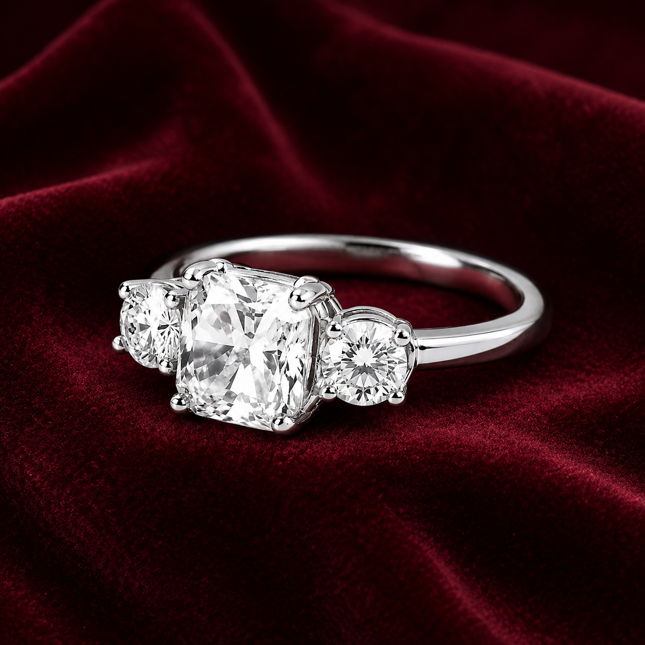 Three Stone Cushion Trilogy Ring Solid Sterling Silver 925 Hallmark Size J-V