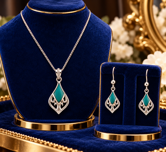 Turquoise Filigree Pendant Necklace and Matching Drop Earrings Sterling Silver