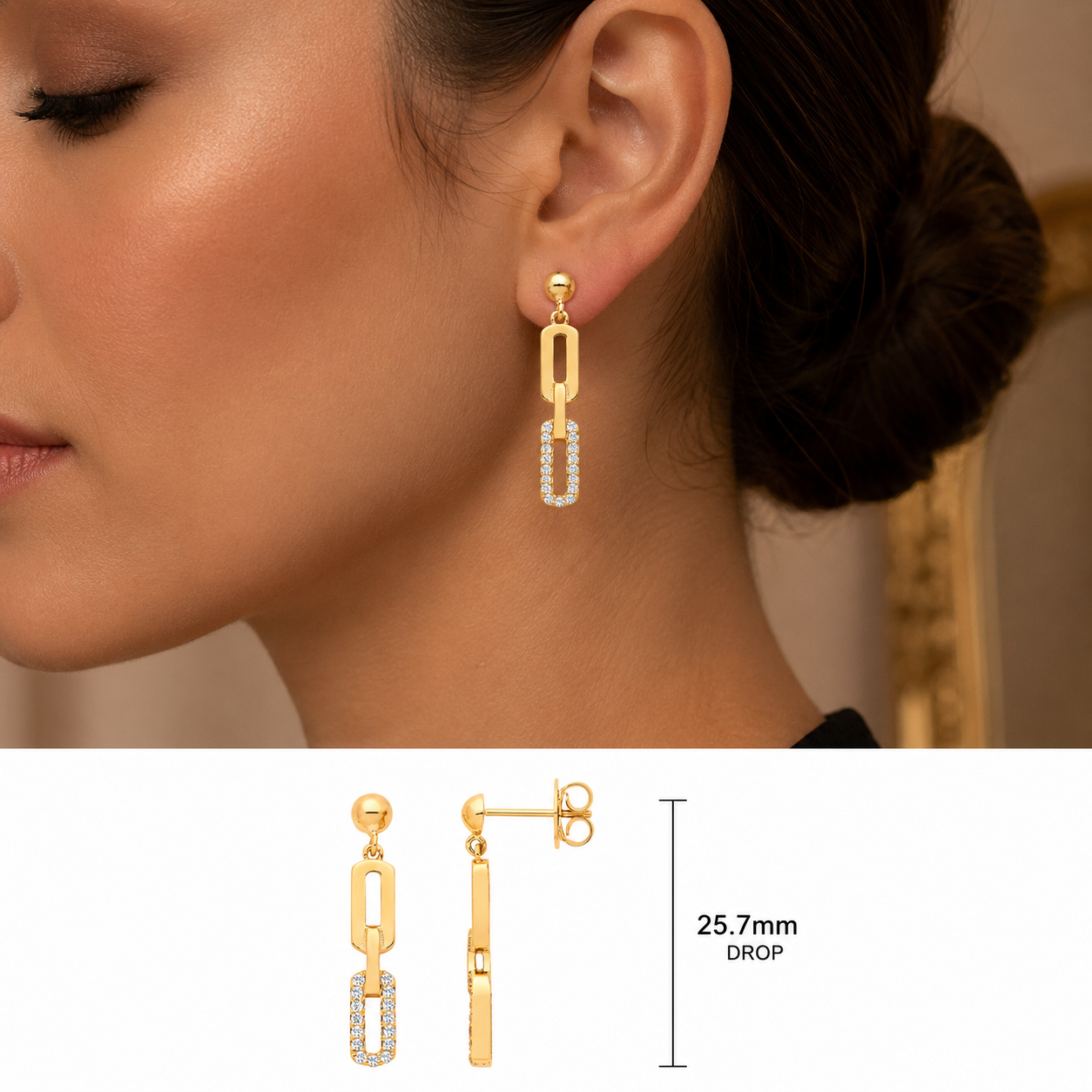 9ct Yellow Gold Diamond Set Geometric Drop Stud Earrings Ladies Gift Bridal