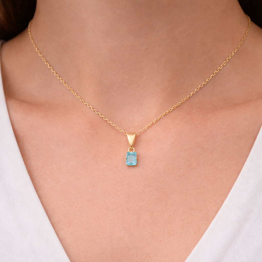 Sky Blue Topaz Solitaire Pendant Solid Yellow Gold 18" 46cm Length Chain