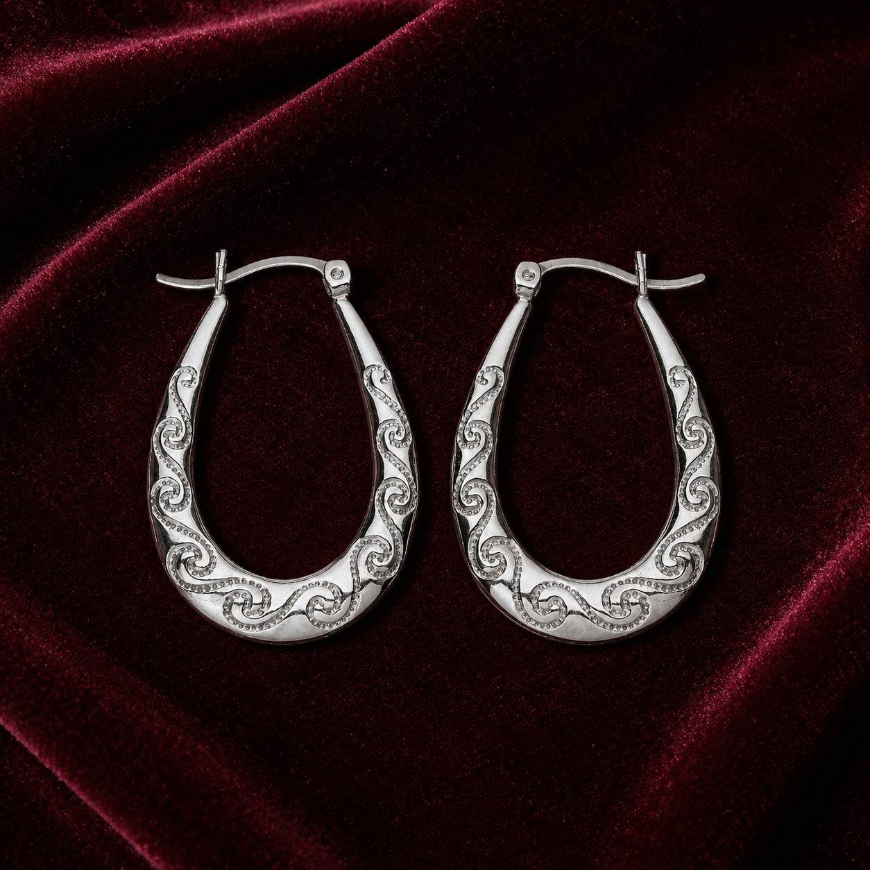 Filigree Oval Creole Hoop Earrings Sterling Silver 32mm 925 Hallmark
