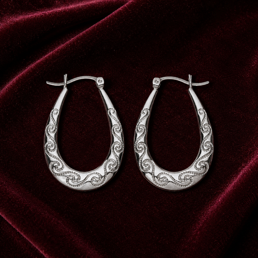 Filigree Oval Creole Hoop Earrings Sterling Silver 32mm 925 Hallmark