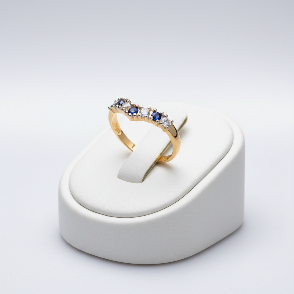 18ct Gold Sapphire Wishbone Ring Anniversary Band on Solid Silver Size K-U