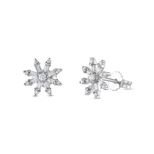 9ct White Gold Snowflake 0.35ct Diamond Studs Earrings Hallmarked - 10mm