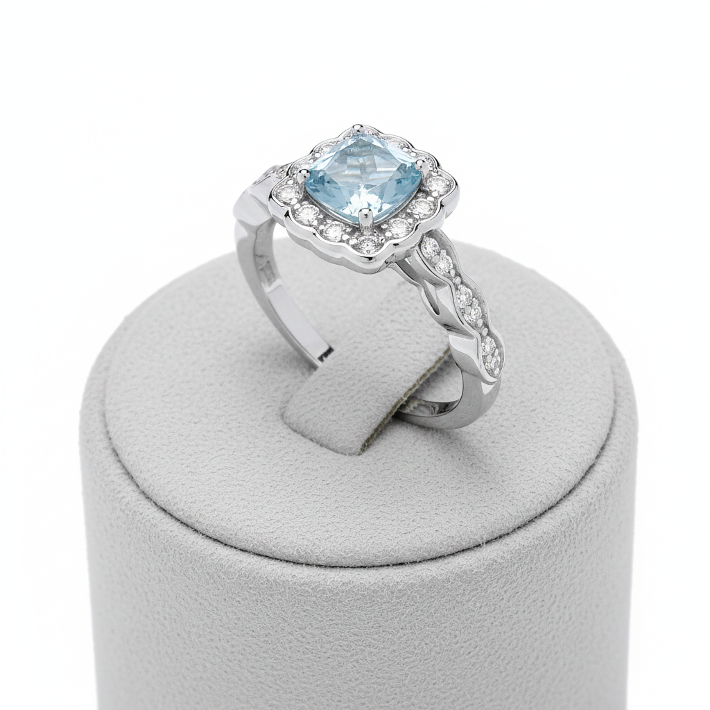 Aquamarine Cushion Ring Solid Sterling Silver 925 Square Cluster Size K - S