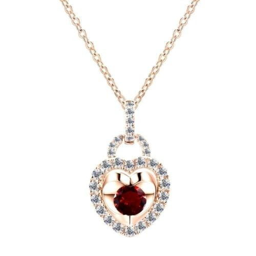 Garnet Heart Necklace With Diamond Solid Rose Gold 18" 46cm Length Chain