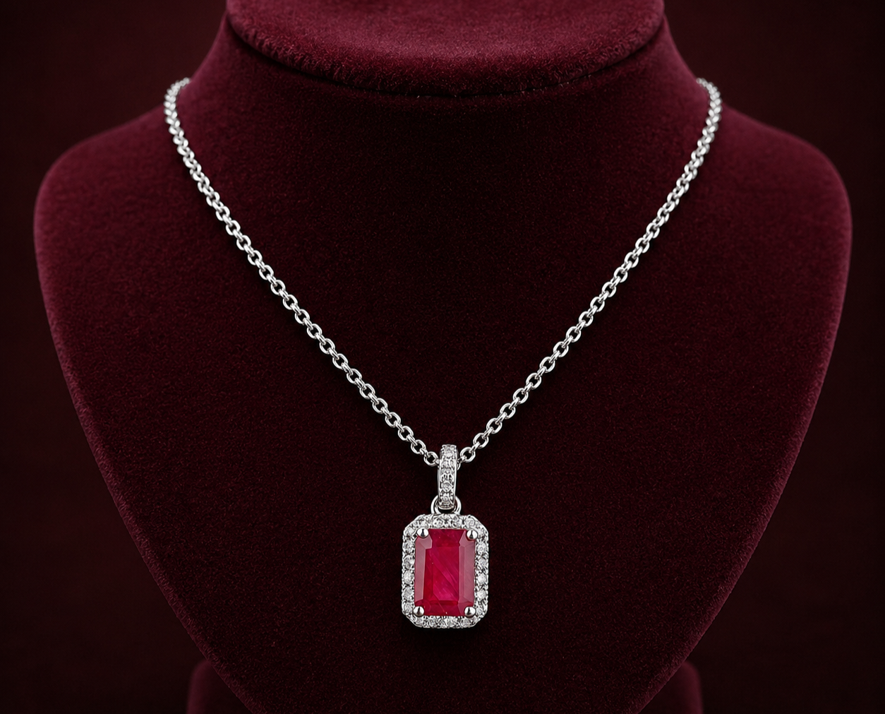 Ruby and Diamond Halo Pendant 18ct White Gold 16" 41cm Length Chain