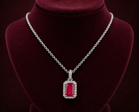 Ruby and Diamond Halo Pendant 18ct White Gold 16" 41cm Length Chain