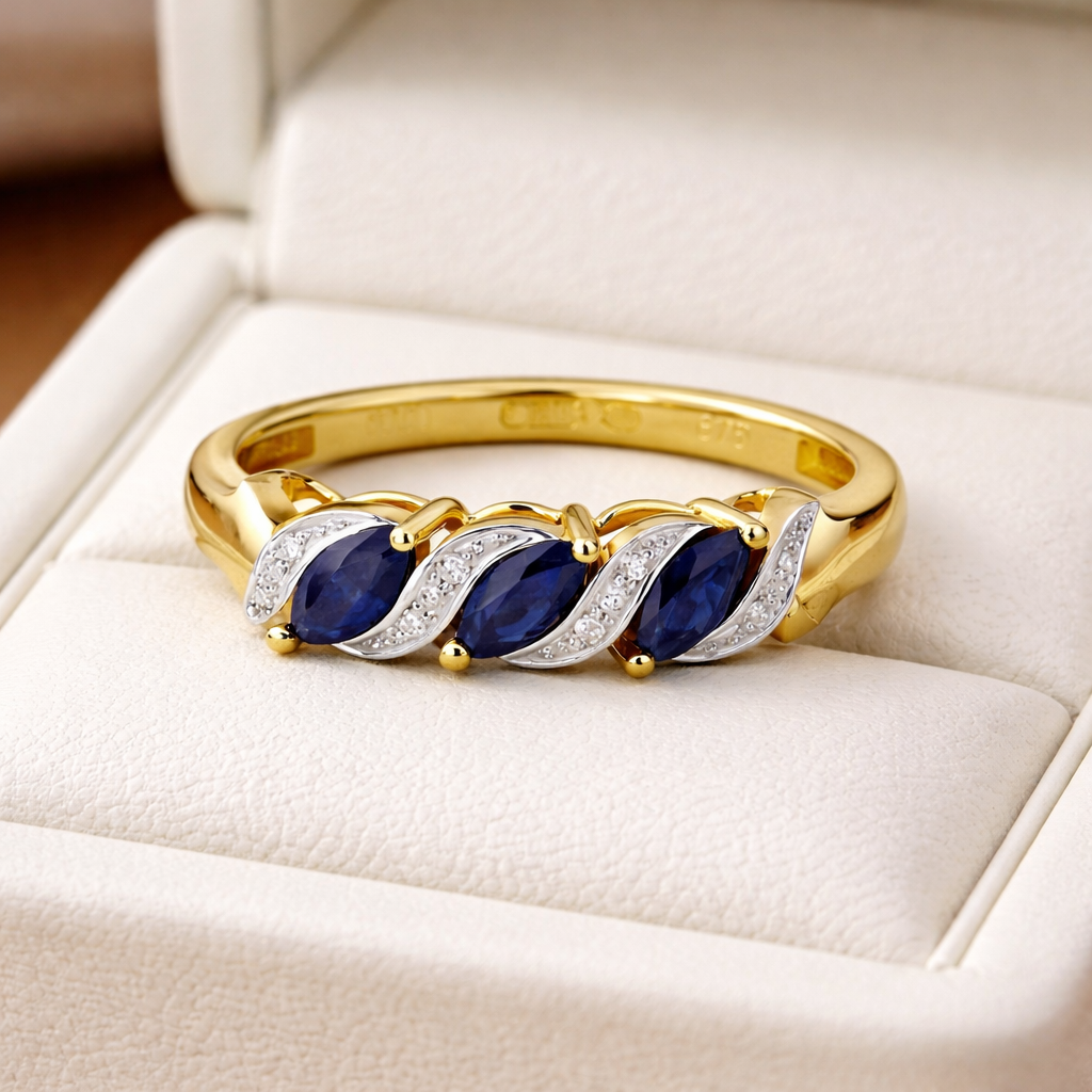 Sapphire and Diamond Ring Solid Yellow Gold Marquise Three Stone Size J-Q