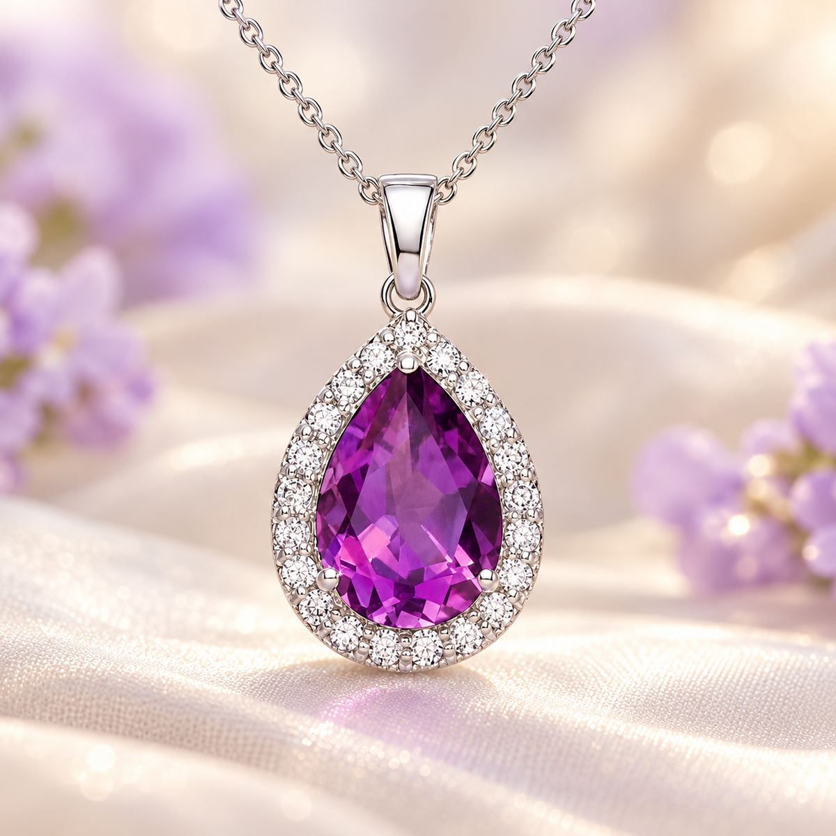 Teardrop Real Amethyst Pendant Natural Diamond Halo 9ct White Gold 18" Chain