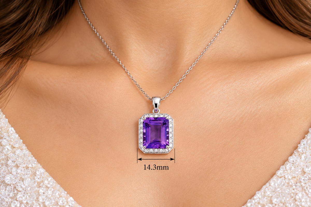 Emerald-Cut Amethyst Pendant with Sparkling Halo of Natural Diamonds White Gold