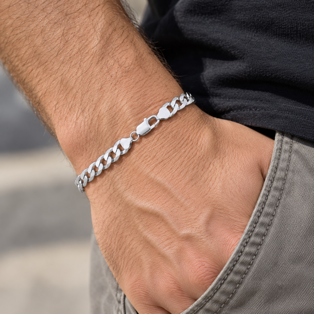 Men's Flat Curb Bracelet Sterling Silver 8" Hallmarked 7.2mm Wide