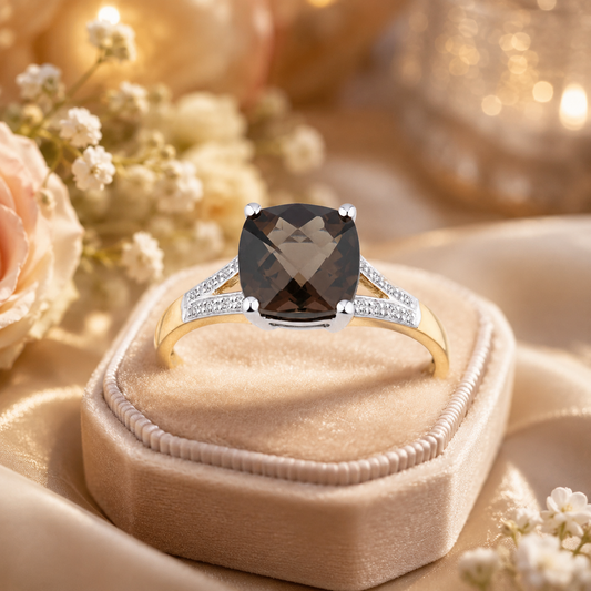 Cushion Cut Smoky Quartz & Diamond Split Shank Ring Solid Yellow Gold Size J - P