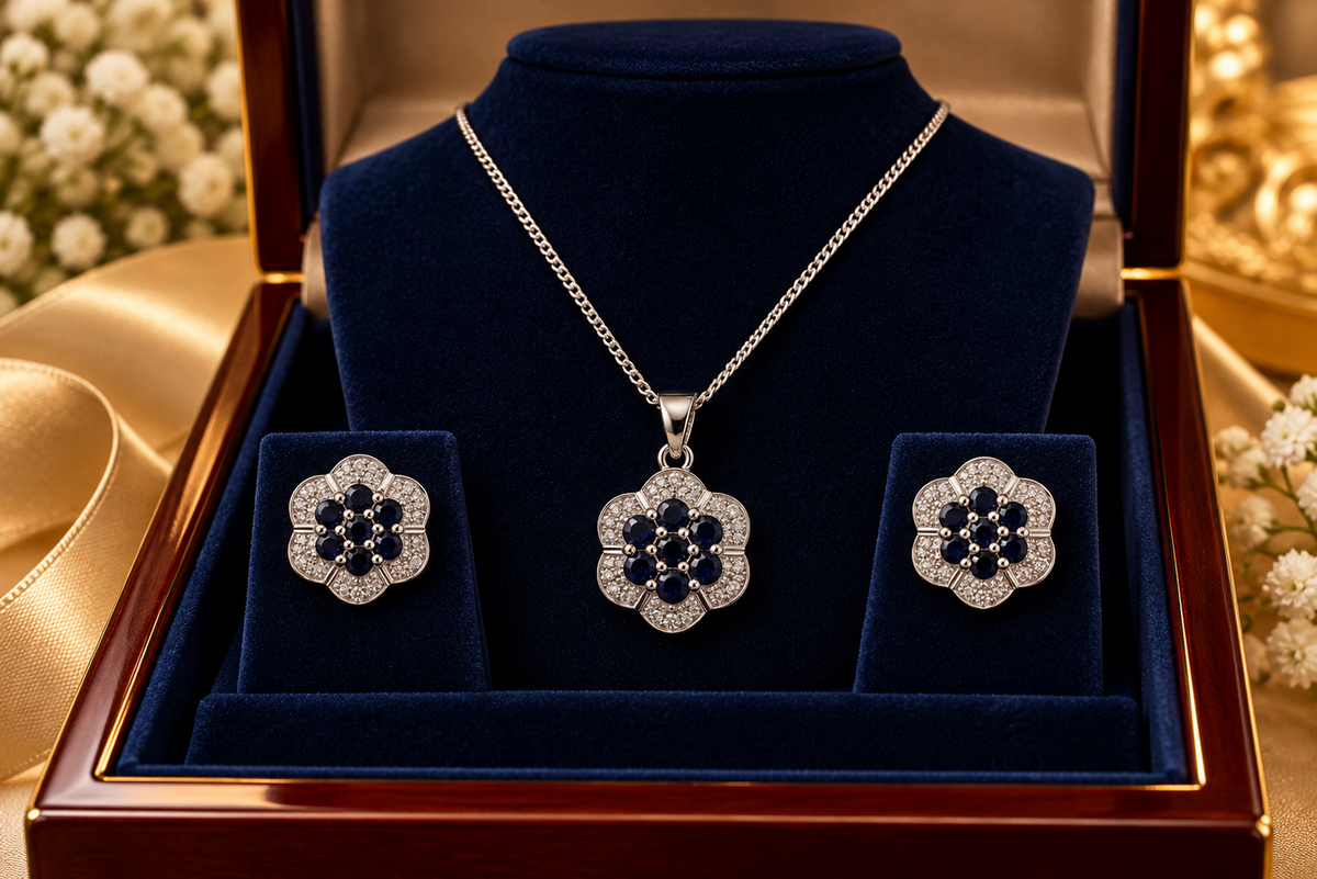 Real Sapphire and Diamond Matching Set Solid Sterling Silver 925 18" Chain