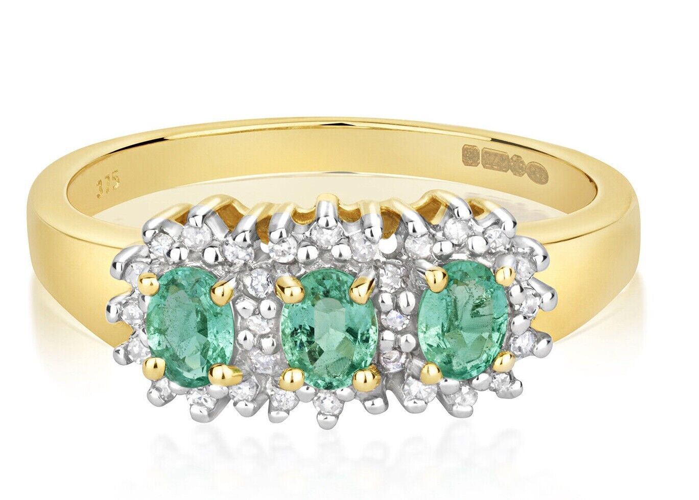 9ct Yellow Gold Real Emerald and Diamond Ring Three Stone Cluster Engagement