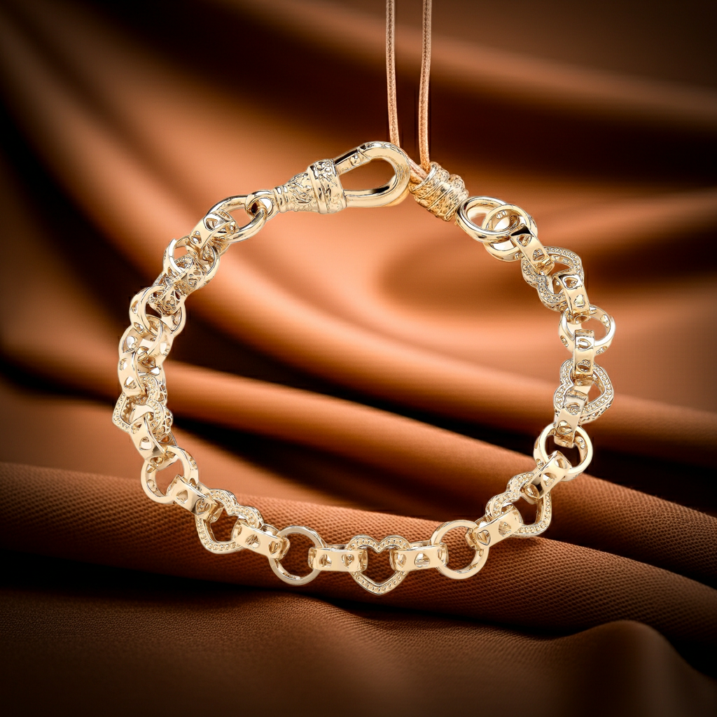 Heart Belcher Ladies Bracelet 18ct Gold on Solid Sterling Silver Hallmarked 7.5"