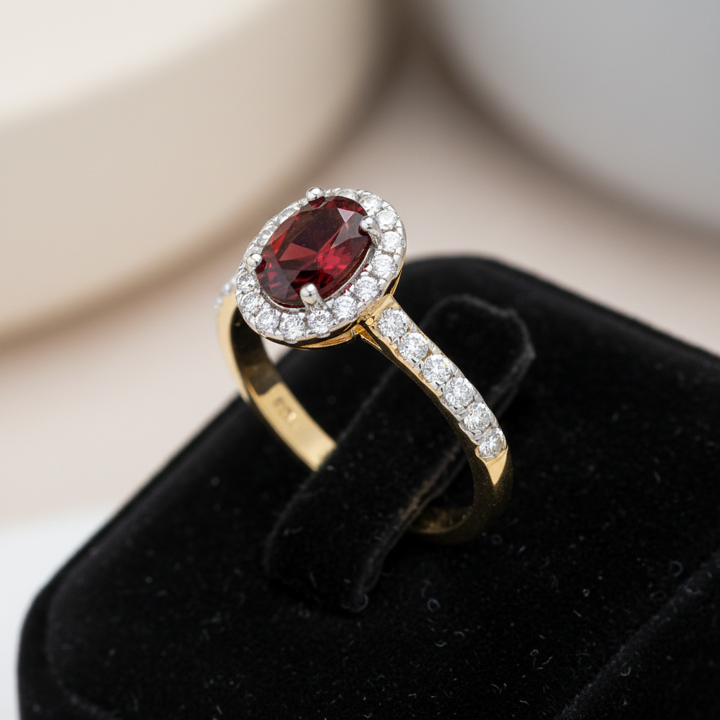 18ct Yellow Gold Ruby Ring Halo on Sterling Silver 925 Hallmark Size K-S