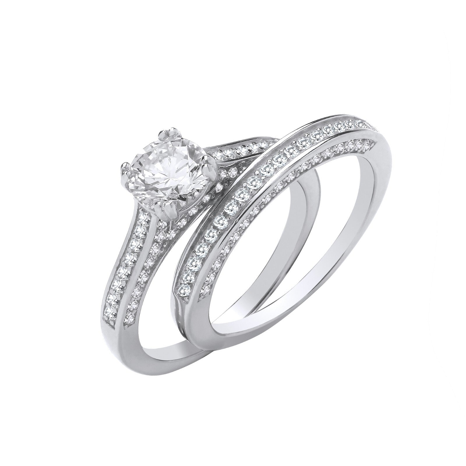 Sterling Silver Bridal Set Solitaire Shoulder Zircons Half ET Rings 925 Hallmark