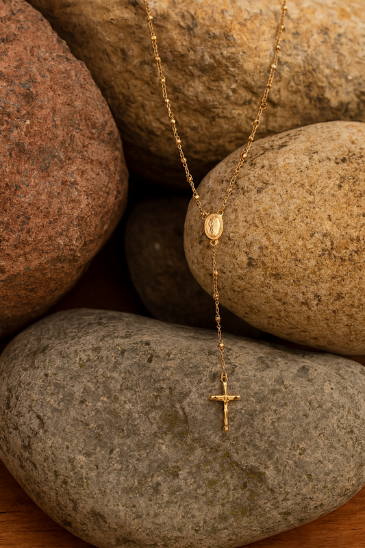 18ct Gold Rosary Beads on Solid Sterling Silver 24" British Made