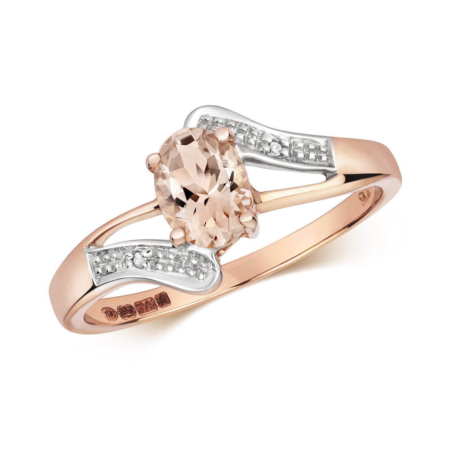 Real Morganite and Diamond Ring Solid Rose Gold Twist Split Shoulder Size J-Q