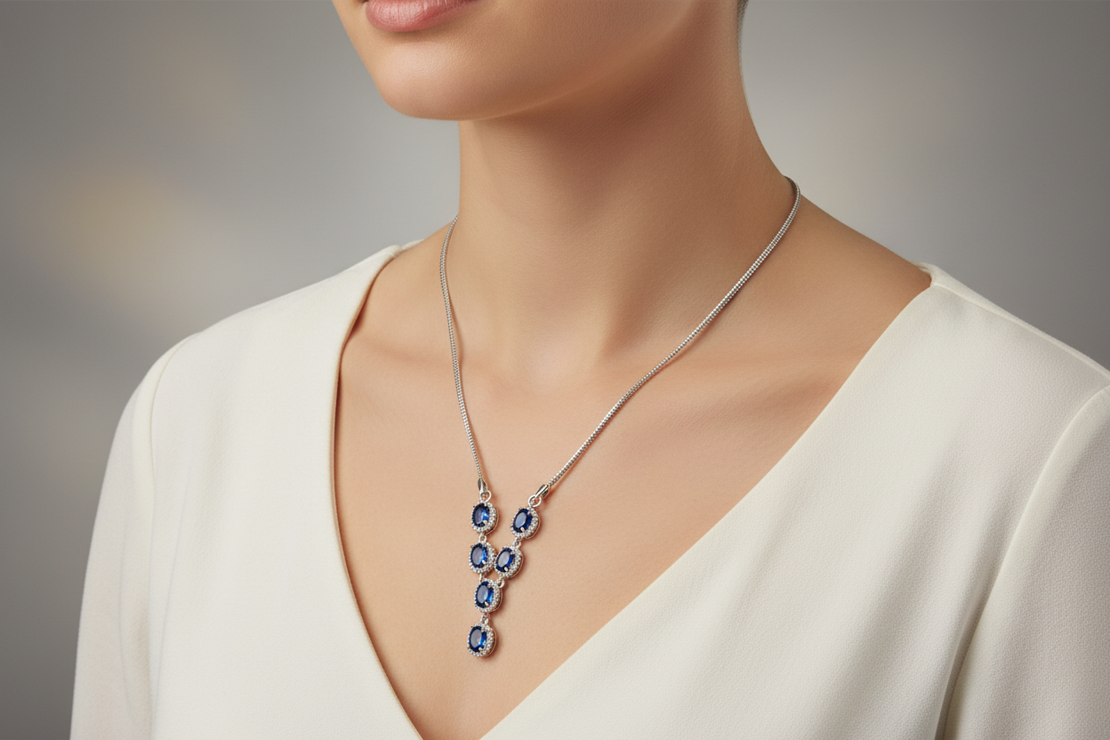 Sapphire Necklace Solid Sterling Silver 18" Length Hallmarked British Made
