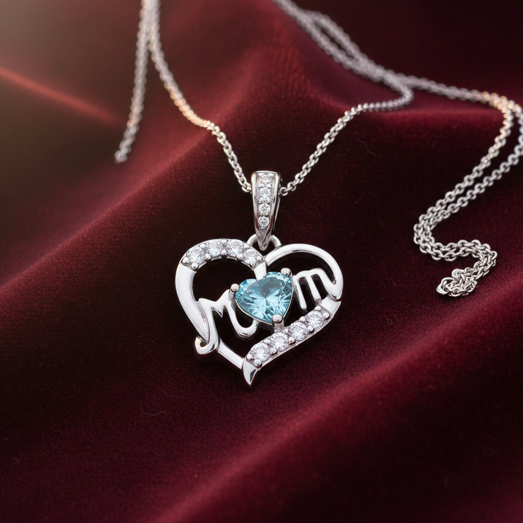 Aquamarine Mum Heart Pendant Solid Sterling Silver 925 Hallmark 18" Chain