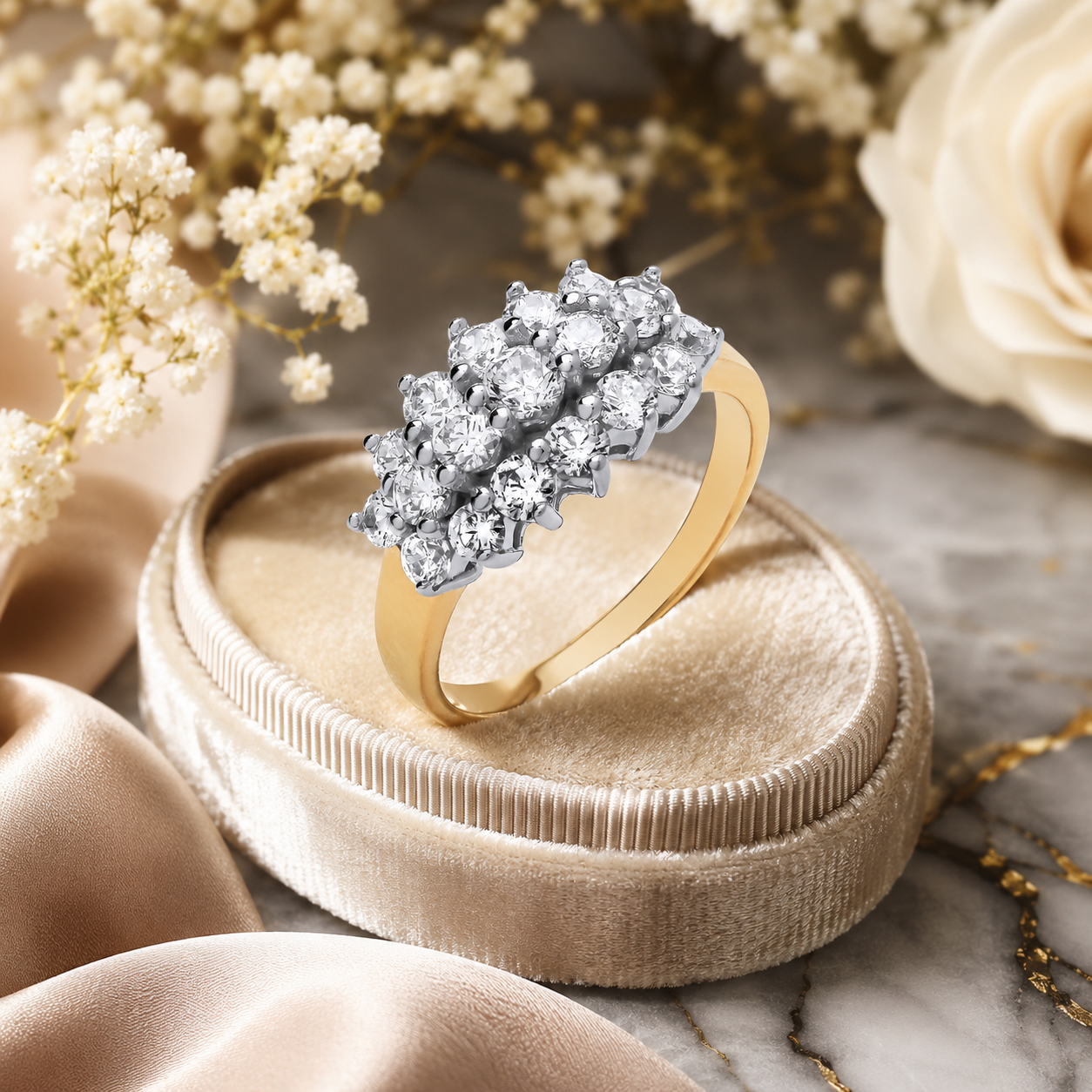 Elegant Multi-Stone Cluster Ring in 18ct Gold Solid Sterling Silver Engagement