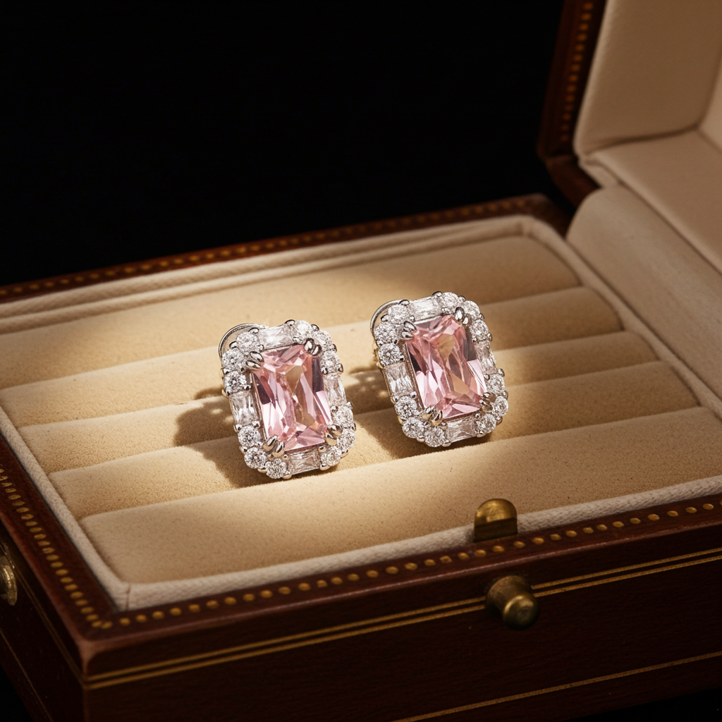 Pink Zircon Cluster Earrings Solid Sterling Silver 925 Hallmark Rhodium Finish