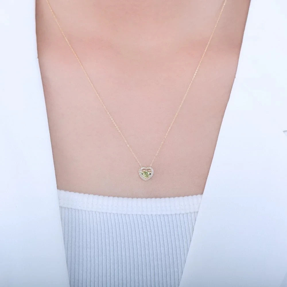 Peridot Heart Necklace With Diamond Solid Yellow Gold 18" 46cm Length Chain