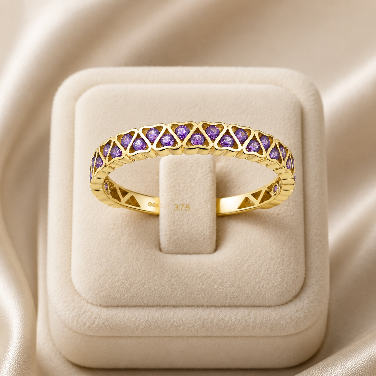 9k Yellow Gold Amethyst Heart Eternity Band Stackable Ring Sizes KLMNOPQRS
