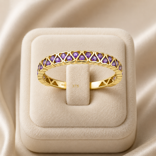 9k Yellow Gold Amethyst Heart Eternity Band Stackable Ring Sizes KLMNOPQRS