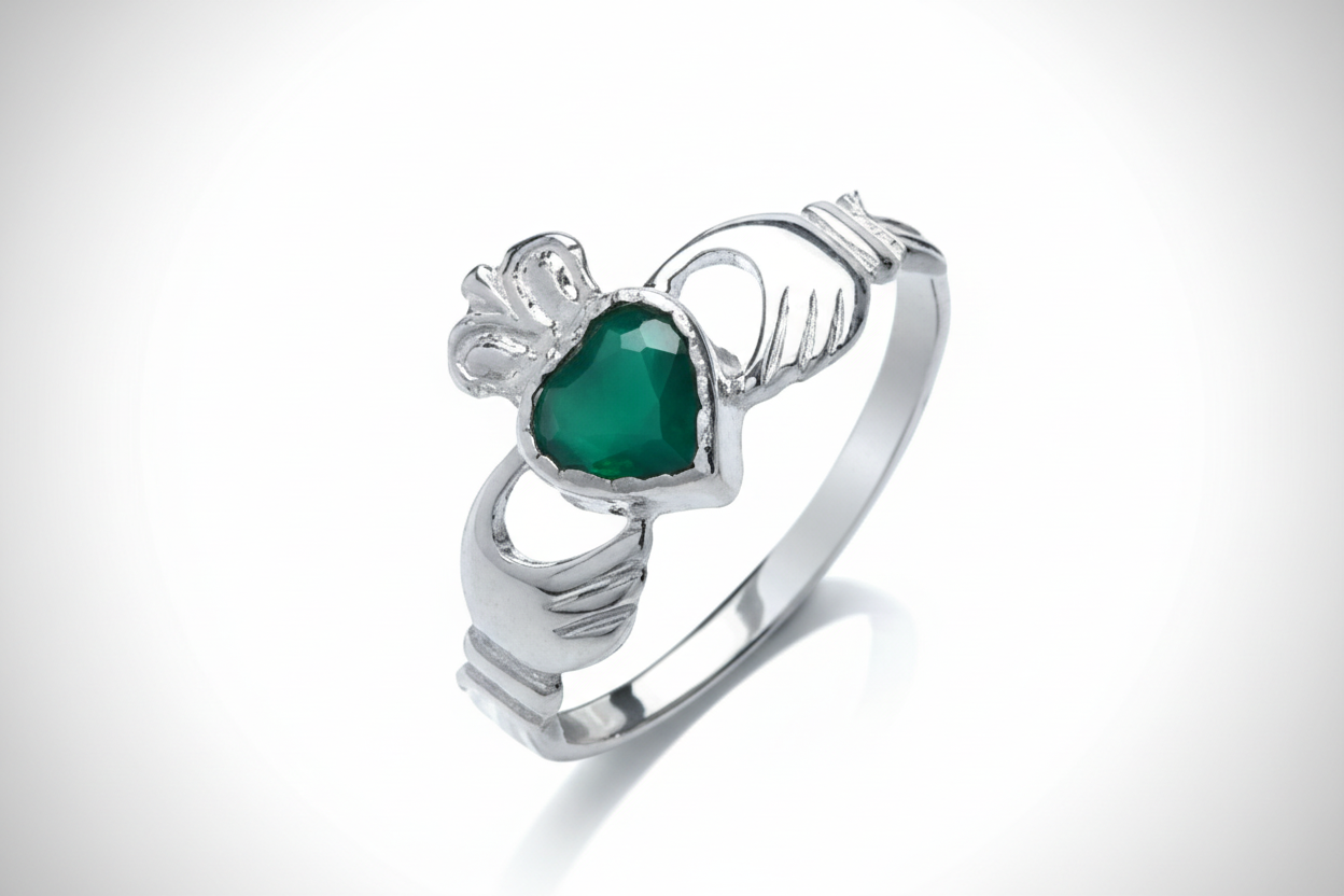 Claddagh Ring Green Agate Solid Sterling Silver Engagement Ladies