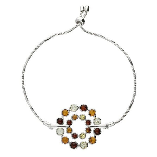 Mixed Amber Slider Bracelet Double Open Circle Design Solid Sterling Silver 925