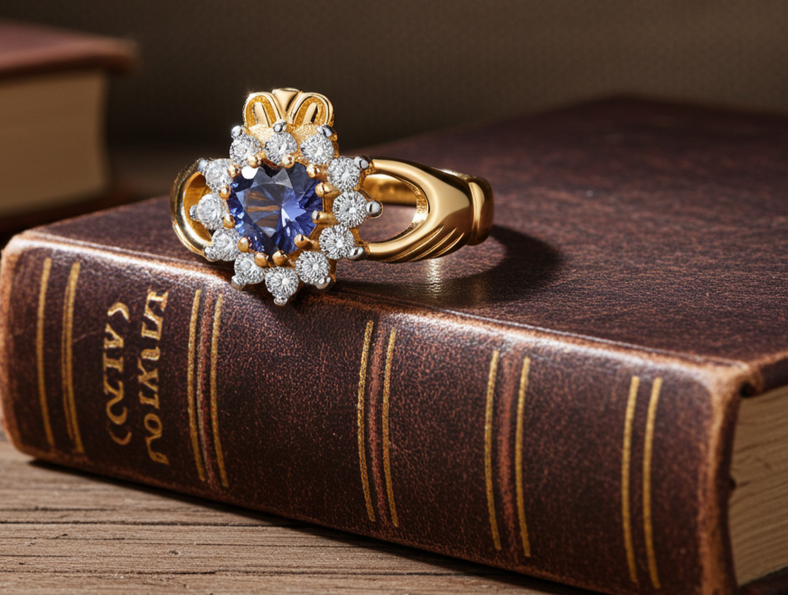 18ct Gold Sapphire Claddagh Ring on Solid Sterling Silver 925 Hallmark