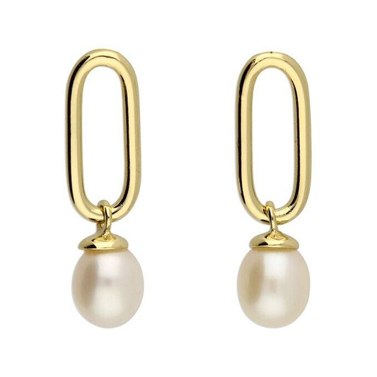 Oval with Freshwater Pearl Drop Stud Earrings 18ct Gold on Solid Sterling Silver
