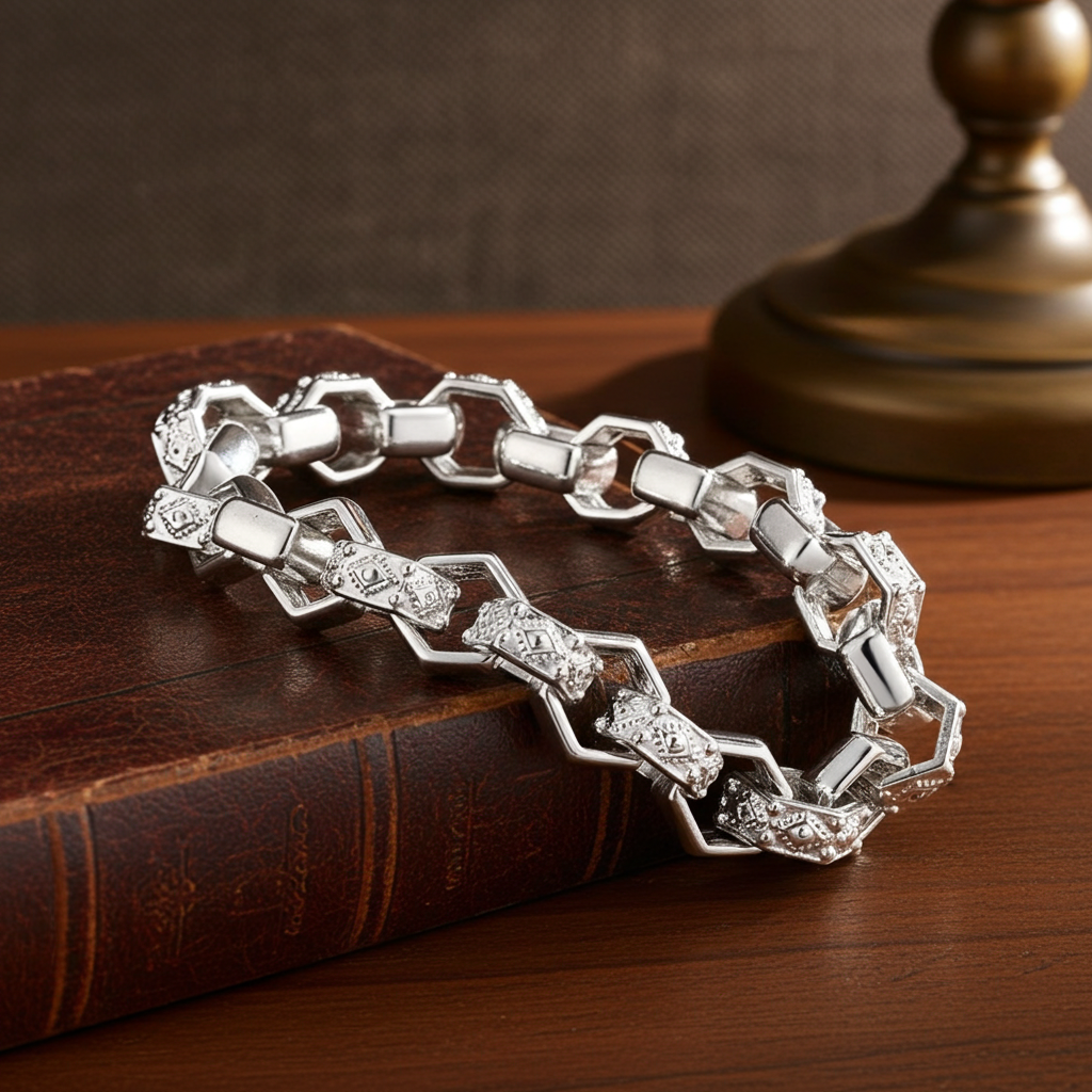 Mens Hexagon Patterned Belcher Bracelet Solid Sterling Silver 10" Hallmarked