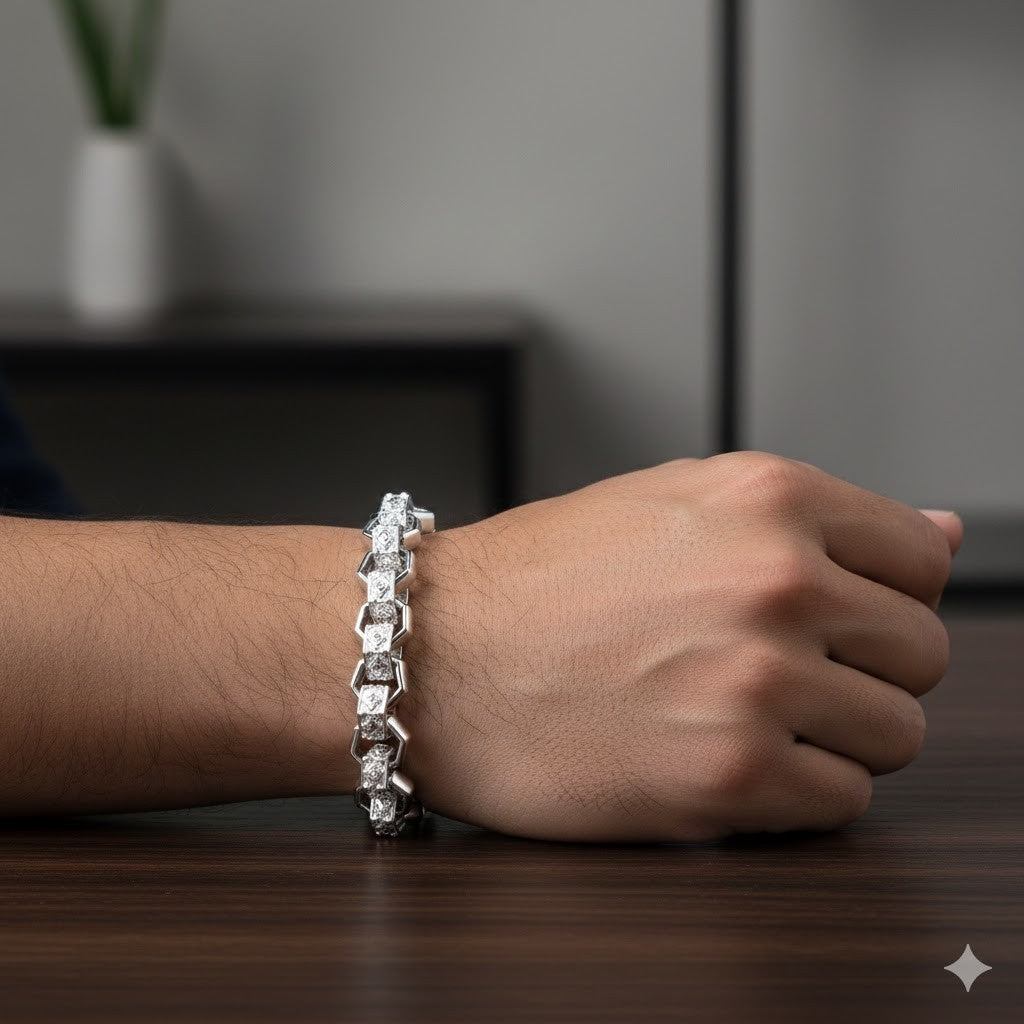 Mens Hexagon Patterned Belcher Bracelet Solid Sterling Silver 10" Hallmarked