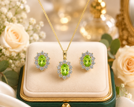 Elegant Peridot Jewellery Set in Yellow Gold – Pendant Necklace & Earrings