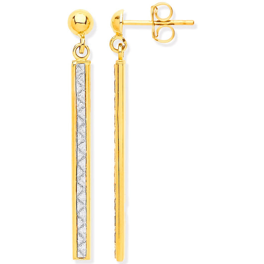 Yellow Gold Bar Drop Earrings Glitter Effect 39mm Drops Hallmarked