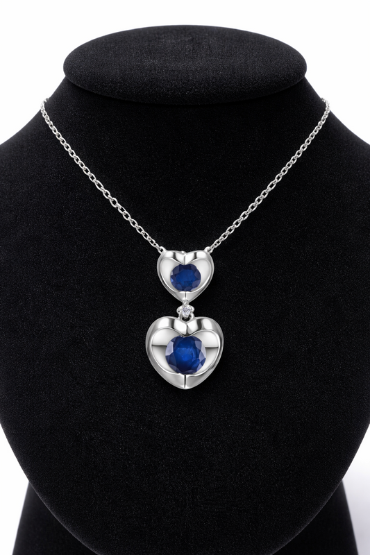 Sapphire Heart Necklace With Diamond Solid White Gold 18" 46cm Length Chain