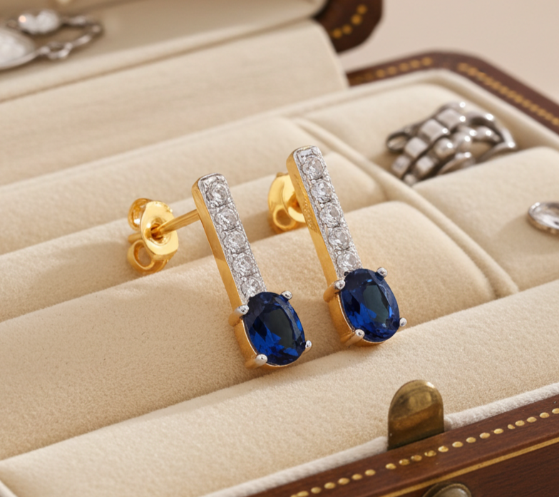 18ct Gold Sapphire Drop Stud Earrings on Solid Sterling Silver 925 Hallmark