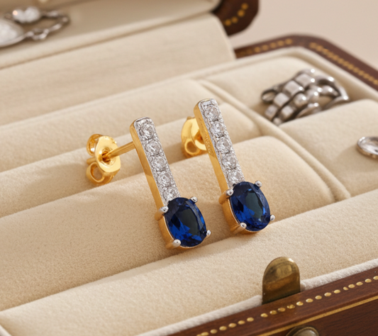 18ct Gold Sapphire Drop Stud Earrings on Solid Sterling Silver 925 Hallmark