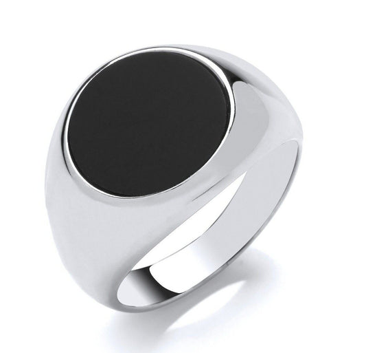 Men's Black Onyx Round Signet Ring Solid Sterling Silver 925 Hallmarked